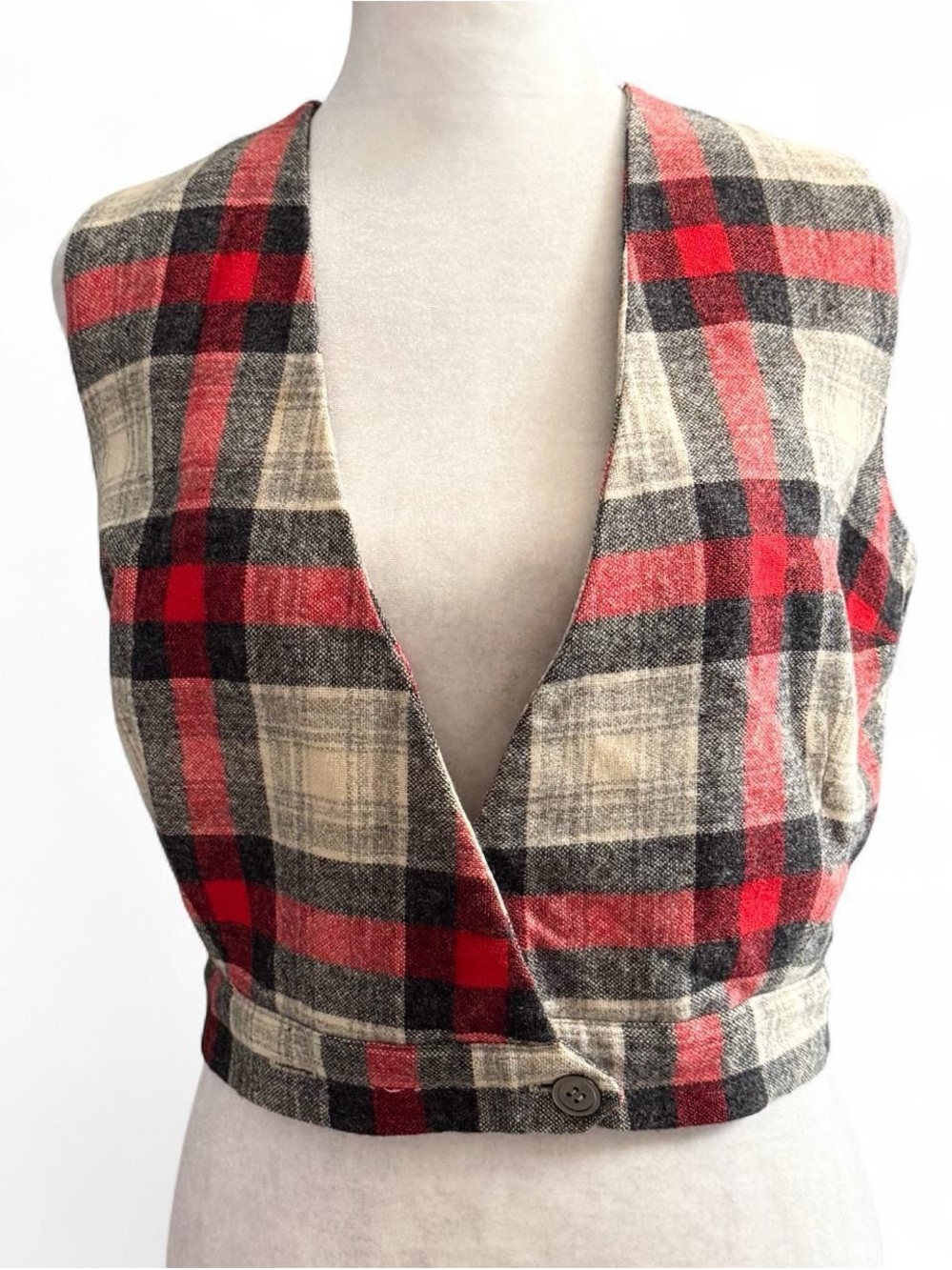 Vintage Just Juniors Red Gray Plaid Wool Vest Fits Women’s Medium